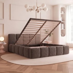 Łóżko Tapicerowane 140x200 cm VELMO z Pojemnikiem Brązowe Boucle Japandi