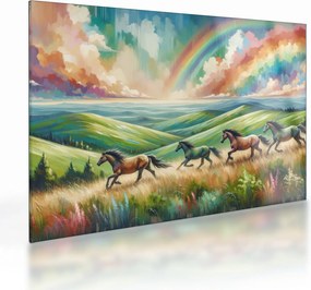 Obraz na szkle – Konie galopujące przez krajobraz (70x50 cm)