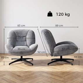 HOMCOM Fotel do salonu obrotowy, fotel lounge z szerokim siedziskiem, wbudowane podłokietniki, efekt chenille, ciemnoszary | Aosom PL