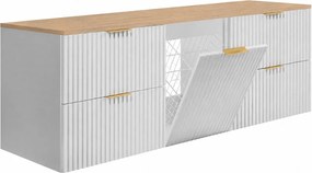 Szafka łazienkowa wisząca pod umywalkę z koszem na pranie, biały / blat dąb jasny, uchwyty złote, 160 x 46 x 57 cm