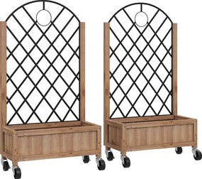 Outsunny Zestaw 2 wysokich grządek Pflanzkasten na kółkach, z kratą do pnączy, skrzynka na kwiaty z drewna, 52*25*97cm Brązowy