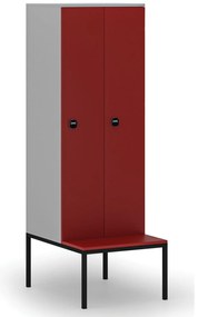 Drewniana szafa ubraniowa S4 z ławką, 2-drzwiowa, 1871 x 600 x 500/800 mm, demontaż, zamek RFID, szary/czerwony