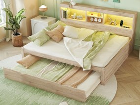Łóżko banquette 140x200cm z łóżkiem wysuwanym 90x190cm - szafka nocna z oświetleniem LED i gniazdami - Naturalny