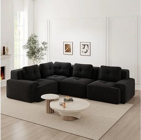Canapé d'angle gauche modulable en velours côtelé - 4 places - avec 5 coussins - 382x177x69cm - Noir