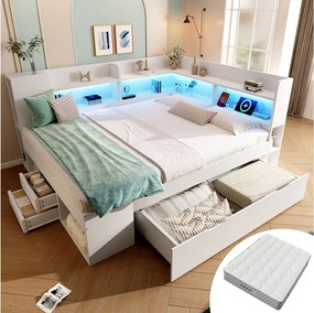 Łóżko dziecięce z pojemnikiem - 140 x 200 cm - z diodami LED + USB + półki + szuflady - drewno - białe (materac w zestawie)