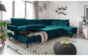 Turkusowa aksamitna rozkładana sofa w kształcie litery "U" Miuform Stylish Stan, prawostronna