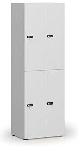 Drewniana szafka skrytkowa S4, 4 schowki, demontaż, zamek mechaniczny z kodem, szary/biały