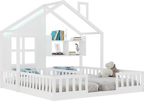 Łóżko domkowe dziecięce 90 x 200 cm - z oświetleniem LED - z barierkami bezpieczeństwa - z półkami do przechowywania - biały​ (materac nie jest wliczony w cenę)
