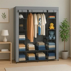 Modułowa szafa tekstylna 170x45x175 cm z 14 półkami i 2 drążkami na wieszaki – przestronna szafa z metalową ramą