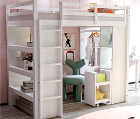 Łóżko antresolowe dziecięce 90×200 cm - z wieszakiem + schowkiem - z 1 mobilnym wózkiem na rzeczy - białe (materac nie jest dołączony)
