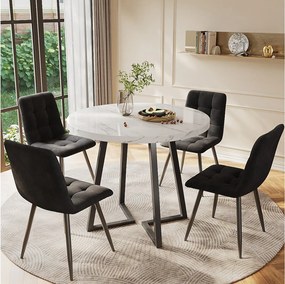 Zestaw stołowy do jadalni - 80 x 58,7 x 75 cm - 1 stół z 4 krzesłami - nogi metalowe czarne - Aksamit + metal + MDF - biały + czarny
