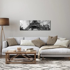 Obraz - Wieża Eiffla, czarno-biały (z zegarem) (90x30 cm)