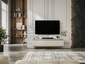 Ryflowana szafka RTV Selene 140 cm, biała na złotych nóżkach