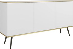 Komoda ORO K-160 nowoczesna 160 cm szeroka, biała, 2 drzwi, 2 szuflady, Push-to-Open, czarne metalowe nogi 23 cm, laminat 16 mm