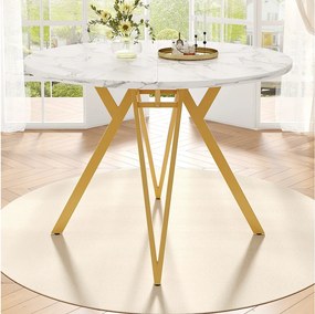 Stół jadalny 4-osobowy - 100 x 100 x 76 cm - okrągły stół z metalowymi nogami - blat marmurkowy MDF - MDF + Metal - biały