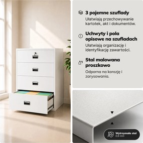 Szafa kartotekowa metalowa z 4 szufladami biała, 900x1320x600 mm: SARA XL V4