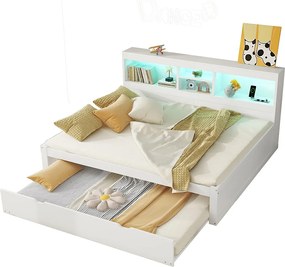 Łóżko wysuwane 140 x 200 cm + 90 x 190 cm z przegródkami i portami USB - LED - Płyta wiórowa + MDF - Białe (bez materaca)