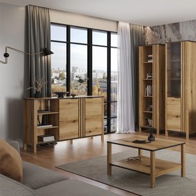 Komoda Dwudrzwiowa Drewniana z Lamelami do Salonu VERVE 138 cm Dąb Evok Klasyczna Loft