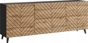 Nowoczesna szafka RTV 180 cm czarny grafit / wotan, czarna jodełka, na nóżkach, 2 szuflady i 2 szafki boczne