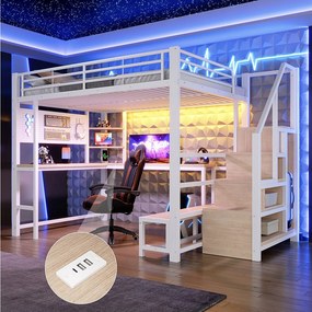 Łóżko piętrowe 140 x 200 cm z biurkiem, ścianką perforowaną, półkami, oświetleniem LED i portami USB/USB-C - Metal + MDF - Białe (Materac nie jest wliczony w cenę)