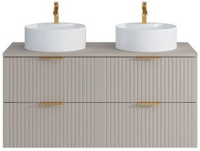 Szafka łazienkowa wisząca  ryflowana z dwoma okrągłymi umywalkami nablatowymi - Beżowy - szer. 120 cm - ZEVARA