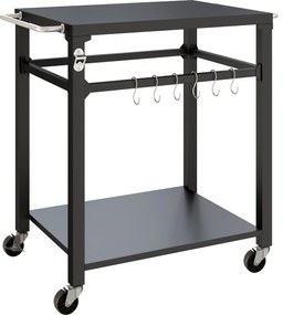 Outsunny Outdoorowy wózek grillowy, Stojak na piec do pizzy z metalową powierzchnią, 2-poziomowa mobilna stacja kuchennych z haczykami i uchwytami, Czarny | Aosom PL