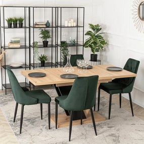 Zestaw Stół Prostokątny Rozkładany CLARK 120-160 cm Dąb Artisan/Czarny i 4 Krzesła Tapicerowane do Jadalni CORK Zielone Welurowe