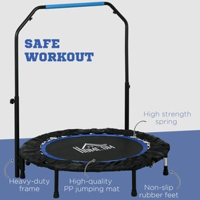 HOMCOM Trampolina fitness, składana, z regulowanym uchwytem, Ø102x123H cm, do 100 kg, Czarna/Niebieska