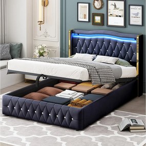 Łóżko 140 x 200 cm z pojemnikiem - Łóżko dla dorosłych z oświetleniem LED i dekoracją w kształcie diamentu - czarny aksamit - bez materaca