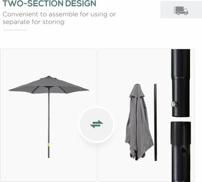 Outsunny Parasol Ø196 cm, Parasol z Funkcją Połamania, Sześciokątny Parasol Balkonowy dla Plaży i Ogrodu, Ciemnoszary