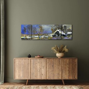 Obraz chaty w zimowym krajobrazie, obraz olejny (170x50 cm)