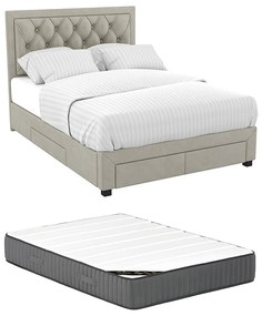 Łóżko z szufladami 140 × 190 cm – Tkanina welurowa beżowa + Materac – LEOPOLD