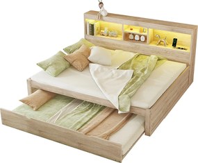 Łóżko banquette 140x200cm z łóżkiem wysuwanym 90x190cm - szafka nocna z oświetleniem LED i gniazdami - Naturalny