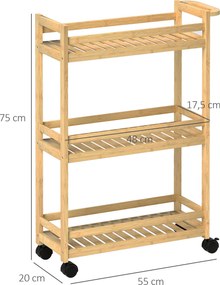 HOMCOM Wózek Serwisowy, 3 Poziomy, Półki Listwowe, Zabezpieczenie przed Wypadaniem, Bambus, 55 x 20 x 75 cm