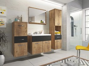 Nowoczesne meble łazienkowe, wiszący zestaw z umywalką, lustrem i słupkami, kasztan / czarny grafit mat