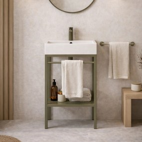 Zestaw umywalka z konglomeratu NAVI 70 x 45 cm + stojąca konsola NAVI Step | Różne kolory | Różne rozmiary : Kolor - Oliwkowy, Otwory na baterię - Bez otworów, Rozmiar - 70 x 45 cm