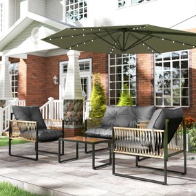 Outsunny Zestaw mebli ogrodowych, 4-elementowy, Sofa, 2 Krzesła, Stolik z blatem szklanym, Konstrukcja metalowa, Polyrattan, Antracyt