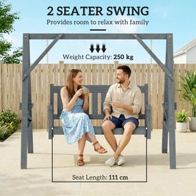 Outsunny 2-osobowa huśtawka ogrodowa z drewna, ławka bujana z półkami, uchwytami na napoje i łańcuchami, szara | Aosom PL