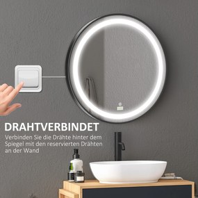 kleankin Lustro Łazienkowe z Oświetleniem LED, Regulowana Jasność, 3 Kolory Światła, Metalowa Rama, Ø60 cm, Czarne