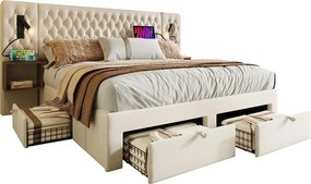 Łóżko dla dorosłych 180x200 cm - łóżko dwuosobowe z 4 szufladami, portami USB i USB typu C, stelażem z listew - beżowy aksamit - bez materaca