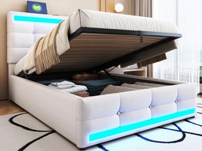 Tapicerowane łóżko ze schowkiem 90x200 cm - Z portem USB - Z taśmą LED - Len - Beżowy (bez materaca)