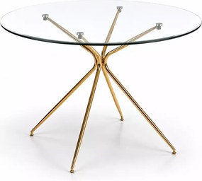 Stół Romba 110 cm – okrągły stół z hartowanym blatem szklanym i złotymi metalowymi geometrycznymi nogami do jadalni