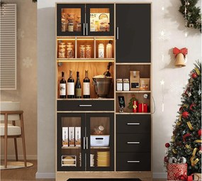 Nowoczesny kredens kuchenny 100x40x185cm - z gniazdkiem i LED - z 4 szufladami i 5 drzwiami - półki regulowane - Naturalny + Czarny