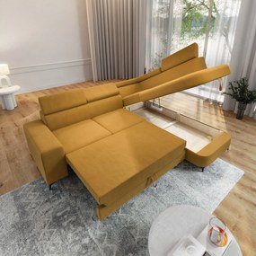 Masseno Narożnik ALVORO z funkcją spania i pojemnikiem na pościel Narozniki L, Rozkładana sofa - Żółty, MATT VELVET 48