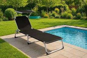 Leżak ogrodowy – składany, z dachem, czarny, 187cm