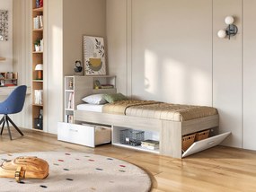 Łóżko z zagłówkiem,  ze skrzynią i szufladą - 90 x 190 cm - Biały i naturalny + stelaż - LEANDRE