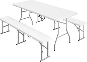 Outsunny Zestaw piknikowy 3 w 1, stół, 2 ławki, składany stół campingowy z uchwytami, z plastiku i metalu, biały