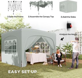 Outsunny Pawilon 3 x 3 m, Pop-Up Namiot Ogrodowy ze Ścianami Bocznymi i Torbą, UPF50+, Regulowana Wysokość, Jasnoszary