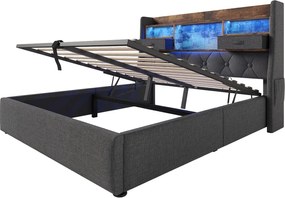 Łóżko ze schowkiem 160x200 cm, łóżko dla dorosłych  z USB i LED, zagłówek ze schowkiem - Szary len (bez materaca)