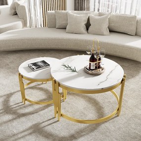 Zestaw 2 stolików kawowych z efektem marmuru - MDF, drewno i metal w kolorze złotym - 71,5x71,5x44 cm + 51,5x51,5x37 cm - biały